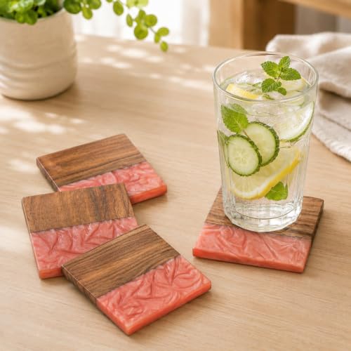 Image of Ireka Home Blush Tide Coaster Acacia Wood and a Dreamy Blush Pink Resin Coaster Pack of 4 |10x10cm | Hand Wash | Modern Tabletop Essentials