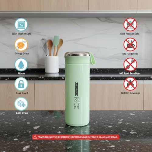 Image of Compact 400ml Water Bottle for School, Gym & Travel, Leak Proof Glass Bottle for Juice & Water, water can, & Bus Botal for Boys, Girls, Women, Adult, Men (Multi colour) (Green)