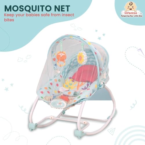 Image of INFANTSO Baby Rocker & Bouncer for 0 to 2 Years, Portable Chair for Newborn with Mosquito Net, Calming Vibrations, Soft Music & Hanging Toys, Adjustable Toddler Swing (Blue)