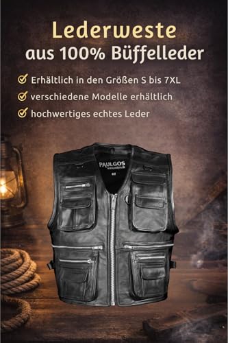 PAULGOS Lederweste Weste Kutte Leder Biker Rocker Motorrad Clubweste Bikerweste Motorradweste Schwarz BW11 (DE/NL/SE/PL, Alphanumerisch, S, Regular, Regular, Schwarz)