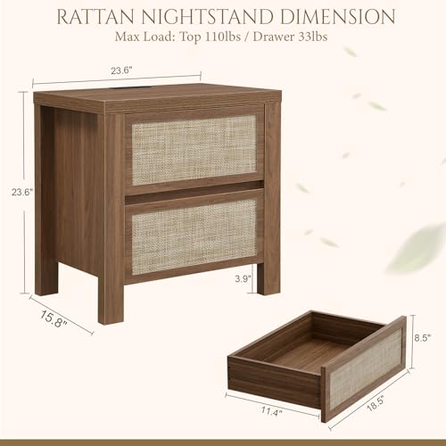 Image of Yechen Rattan Nightsand, Night Stand with Type-C Charging Station, Boho End Tables, Bed Side Tables, 23.6 inch D x 15.8 inch W x 23.6 inch H, 2 Drawers Nightstands for Small Space, Walnut