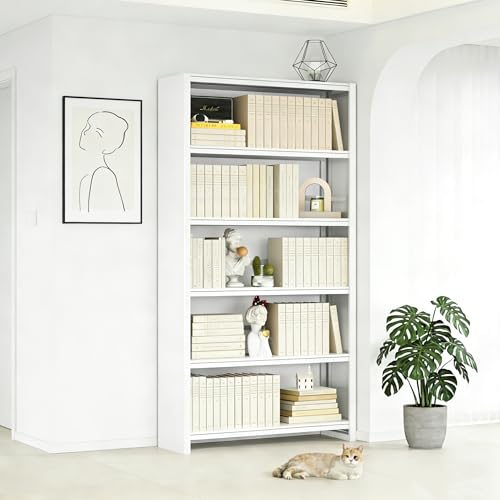 Image of VASAAOSD 5 Tier Book Shelf, 69.3 inch Tall White Bookshelves, Open Metal Bookshelf, Toolless Assembly White Shelves for Home Office, Living Room, Study