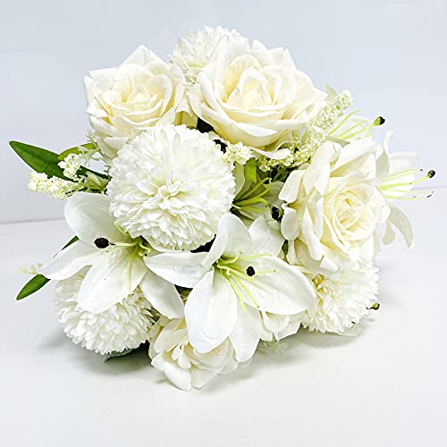 FTPRO 2 Artificial Flowers Bouquets of Roses, Hydrangea and Lilies. Realistic Fake Flower Arrangement is Suitable for Home Decoration of Bridal Bouquet, Living Room Dining Table(Cream)