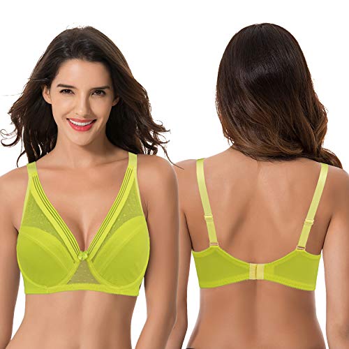 Curve Muse Women's Plus Size Unlined Minimizer Full Coverage Mesh Underwire Bra-2Pack-Black,Neon Yellow-34Dd #TOP4