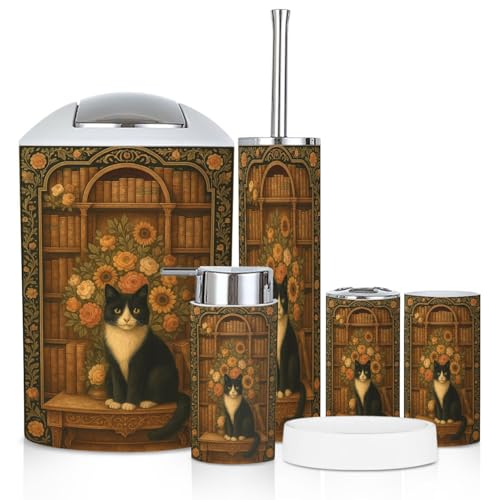 Bathroom Accessory Set 6 Piece Black White Cat Floral Bookshelf