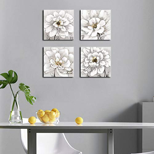 Yearainn Flowers Wall Art Bathroom Wall Decor Abstract Botanical Picture Contemporary Wall Art Prints Bedroom Living Room Kitchen Office Home Decor Modern White Flower Canvas Artwork 12 Inch X 12 Inch X 4 Pieces thumb #3