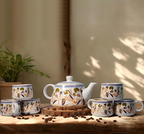 Image of 'Golden Flora' Premium Ceramic Tea Cup Set with Kettle & 6 Cups | Floral Printed Ceramic Cup with Teapot | Handcrafted, Microwave & Dishwasher Safe | Tea Serving Set for Home, Office & Gifting