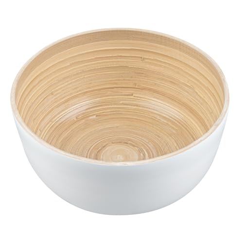 Restaurantware Bamboo Salad Bowl 1 Count 25 Oz Greaseproof Freezable Round Serving Bowl, Hot and Cold Food Friendly Handmade Bamboo Serving Utensils, White