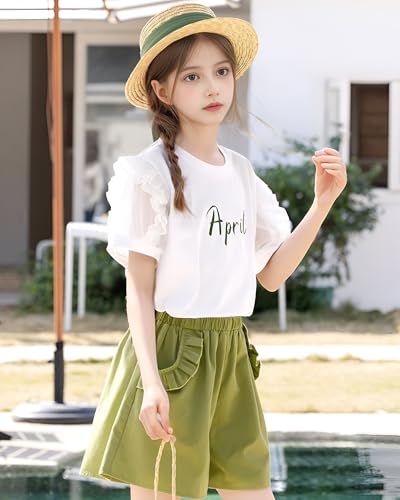 Image of Girls Summer 2 Piece Outfits Big Kids Ruffle Short Sleeve Cute Shorts Sets T Shirts and Shorts Clothing Sets 5-16Y