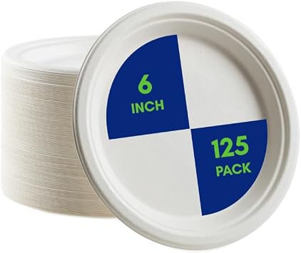 6-Inch Disposable Bagasse Plates 125 Plates Eco-Friendly & Compostable for Dessert, Cake, Appetizers & More