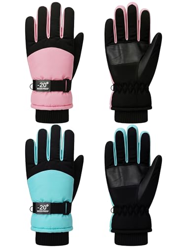 Image of SATINIOR 2 Pair Kids Winter Gloves | Waterproof Winter Snow Gloves for Boys Girls, for Winter Outdoor Ski Snowboarding Cold Weather, Warm Cotton Plush Lining