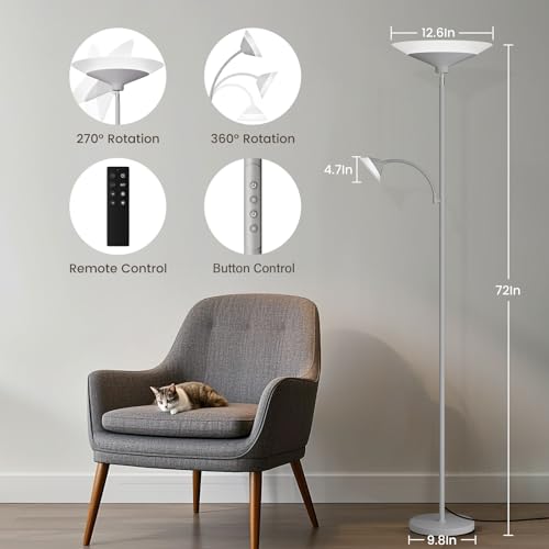 Image of SIBRILLE Sliver Gray Torchiere Floor Lamp with Reading Light, 4 Color Temperatures, Dimmable & Individual Light Control Standing Lamp, 34W Bright Tall Lamp with Remote for Living Room Bedroom Office