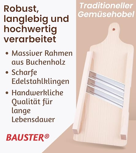 Foto von BAUSTER® Krauthobel aus Buchenholz mit Edelstahlklingen – Traditioneller Gemüsehobel für Weißkohl, Rotkohl & Sauerkraut – In verschiedenen Ausführungen erhältlich (3 Messern)