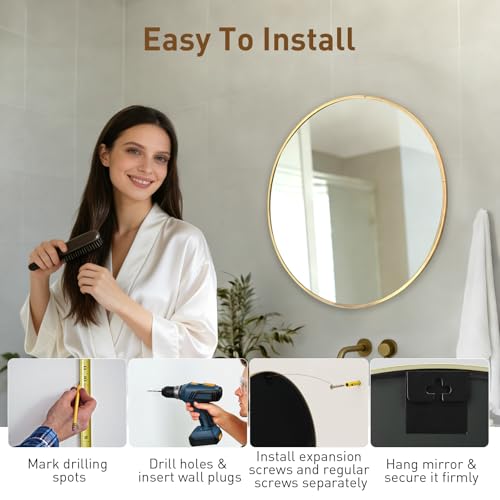 Image of NEWBULIG 20 Inch Round Wall Mirror, Bathroom Mirrors for Over Sink, Matte Metal Framed Circle Vanity Mirror, Wall Decor for Bedroom, Entryway, Anti-Rust, Tempered Glass, Hanging or Leaning, Gold