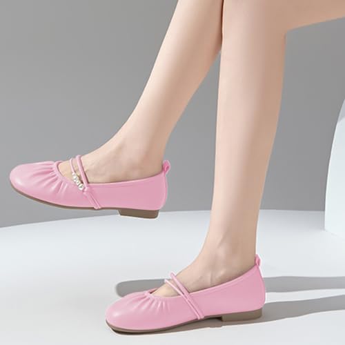 FOWT Women Round Toe Mary Janes Pearl Comfortable Flat Pumps Daily Street Work Outfit Shoes Size 4-16 US4