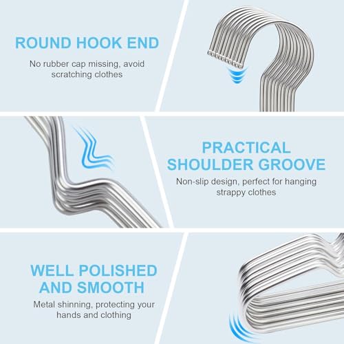 Image of Zollyss Cloth Hangers Stainless Steel | Heavy Duty Wire Hangers with Non Slip Grooves | 40 cm Ultra Thin Space Saving Wardrobe Organiser | Silver (Pack of 10)