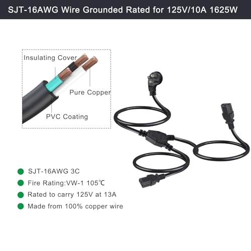 Image of Computer Power Cord Splitter, 3FT Flat Plug NEMA 5-15P to 2X IEC60320 C13 Female 2 Ways Outlet AC Power Cord, SJT 16AWG Universal Laptop 3 Prong Power Cable, Spliiter for Monitor /TV /Printer