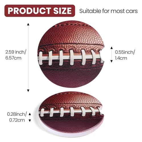 Lednica 2 Pack Football Car Coasters for Men Women Car Cup Holder Coasters, 2.63 Inch Anti Slip Ceramic Absorbent Coaster with Cork Base and Finger Notch, Funny Car Accessories Interior
