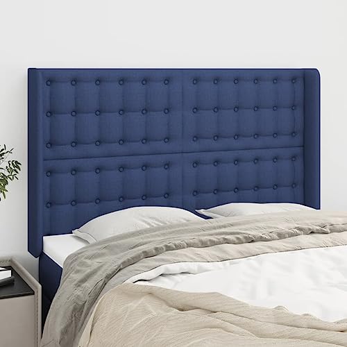 KATERYY Cabecero con Orejas de Tela Azul 147x16x118/128 cm,Cabecero tapizado Elegante con Orejas para Cama King Size Cabeceros, pies de Cama