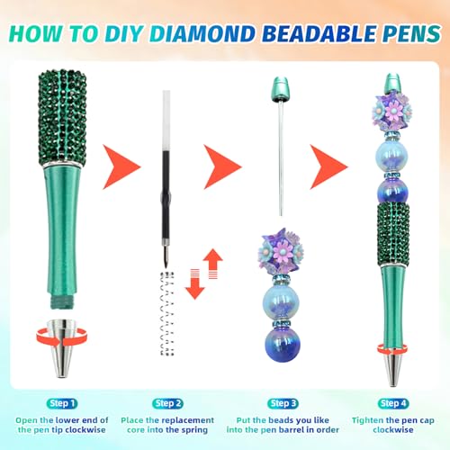 Image of 150 Pcs DIY Diamond Beadable Pen Kit - 50 Plastic Rhinestone Beaded Pens Bulk with Refills & Bags - Fancy Cute Glitter Pens for Crafting, Students & Teachers - School Supplies (Green)
