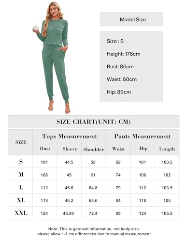Namatime Namtime Schlafanzug Damen Baumwolle Pyjama Lang Zweiteiliger Nachtwäsche Rundhalsausschnitt Loungewear Set Winter Hausanzug Grün M