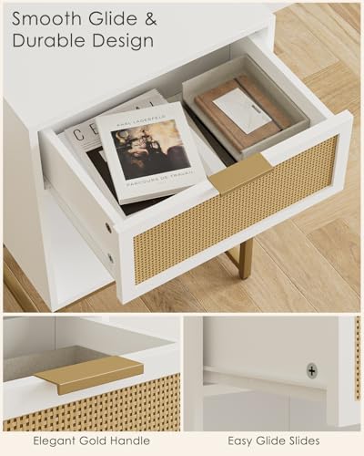 Image of Masupu Rattan Nightstand,Modern Night Stand Boho Farmhouse Wood Bedside Table with Storage Drawer Side End Table for Bedroom,Office,White