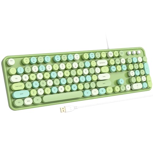 Image of Atelus Computer Keyboard Wired, Typewriter Style, Plug Play USB Keyboard with Large Number Pad, Caps Indicators, Foldable Stands, Full Size Wired Keyboard for Windows PC Laptop (Green Colorful)
