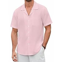 Enlision Camisas de Lino Hombre Manga Corta Verano Casual Camisa Rosa Hombre Regular Elegante de Algodón Lino para Las Vacaciones XL