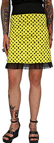 Yellow Pixie Skirt with Black Polka Dot and Skull Print from Sourpuss Clothing