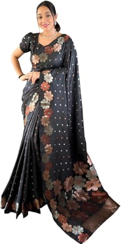 MAHEK Women's Kanjivaram Banarasi Silk Saree Kanchipuram Rich Pallu Flower Pattern saree (Black)