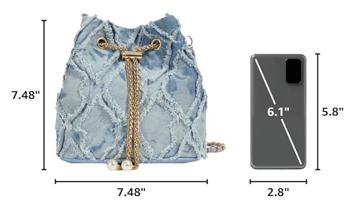 Image of Denim Bucket Bag Quilted Drawstring Jean Purses for Women Denim Clutch Hobo Bags Crossbody Handbag