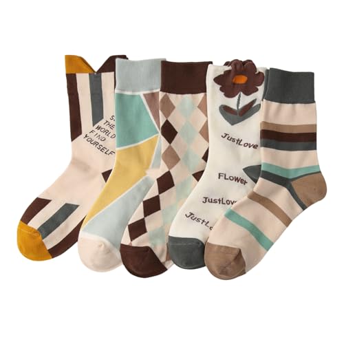 Yomutiur Patterned Crew Socks for Women, Cute Cotton Floral Dress Socks Size 5 Pairs