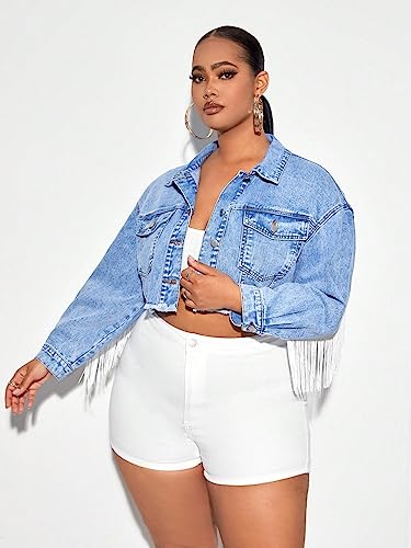 WDIRARA Women's Plus Size Fringe Trim Raw Hem Long Sleeve Button Front Short Denim Jacket4
