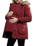Maternity 3 in 1 Multi-Function Coat Parka Jacket Fleece Lined Coat Wine Red 2XL