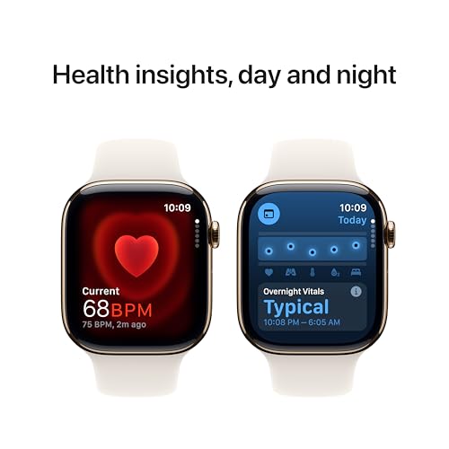 Image of Apple Watch Series 10 [GPS + Cellular 46 mm] Smartwatch with Gold Titanium Case with Starlight Sport Band- M /L. Fitness Tracker, ECG App, Always-On Retina Display, Water Resistant