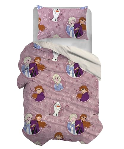 Frozen - Juego de Funda nórdica Individual de algodón, Rosa, Funda de 155 x 200 cm, Funda de Almohada de 50 x 80 cm, diseño de Disney, 100% algodón, Producto Oficial