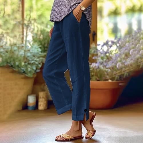 Image of Linen Pants Women 2026 Summer Beach Vacation Trousers Elastic Waist Linen Capris Pants Boho Casual Travel Pant
