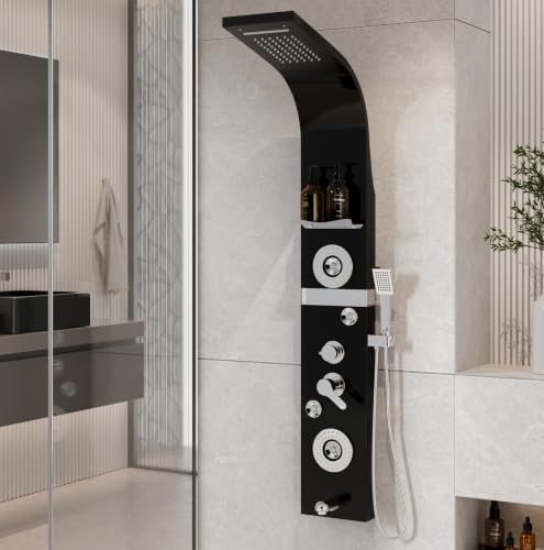 Image of Backline shower panel | 7 In 1 Shower System 304 Grade Stainless Steel | Shower With Storage Shelf, LED Rainfall Shower,Hot & Cold Adjustable,Massage Spray,Hand Shower & Water Spout