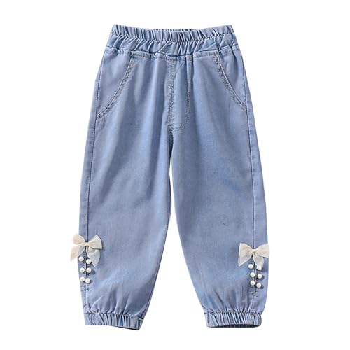 Pearl Bowknot Jeans for Girls Kids Straight Elastic Waist Denim Pants Casual Comfy Baggy High Waisted Trouser Clothes