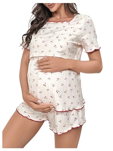 Image of OYOANGLE Women's Maternity 2 Piece Pajama Set Pj Sets Loungewear Nursing Printed Knitted T Shirt and Shorts