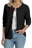 QUALFORT Women's 100% Cotton Cardigans Soft Lightweight Long Sleeve Knitted Crewneck Button Down Sweater Black Small