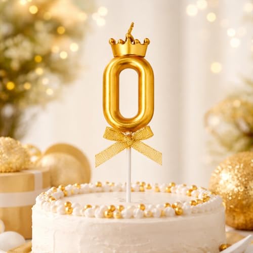 Image of Rozi Decoration Number 0 Birthday Candle Gold with Crown Design | Cake Topper Candle with Stick | Party Cake Decoration for Birthday Anniversary Celebration Pack of 1 Pcs