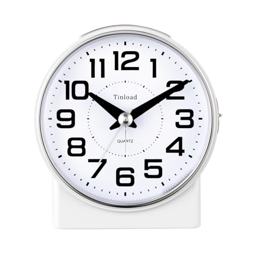 Image of Tinload 4.3 inch No Ticking Analog Alarm Clock,Silent Readable for Seniors,Easy to Set,Gradual Rise Alarm,Big Numbers,On /Off Switch on Side,Gentle Wake,Snooze,Lighted on Demand,Battery Operated,White