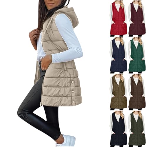 Sleeveless Winter Jacket for Women, Womens Long Puffer Vest with Hood Casual Full Zip Hooded Padded Outerwear Vests