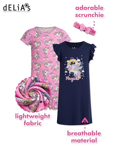 dELiA*s Girls Nightgowns - 2 Pack Short Sleeve Night Gown Sleepwear Pajama Dress for Kids with Hair Scrunchie (Sizes: 4-14)2