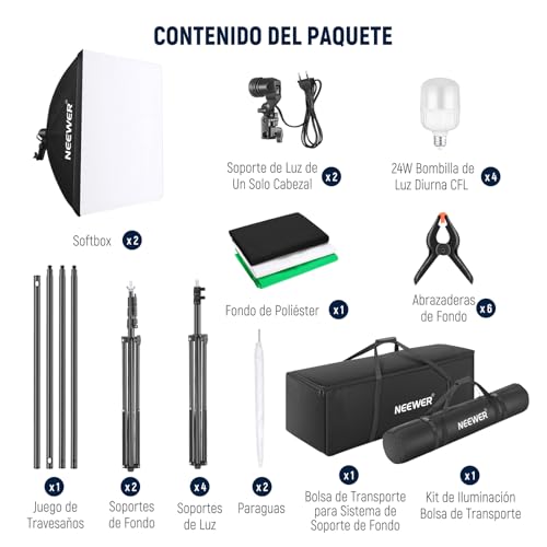 NEEWER Kit de Iluminación de Fotografía con Fondos,2,6x3m Soporte de Fondo,5700K 800W Equivalente a 24W Bombillas LED Paraguas Softbox Iluminación Continua,Equipo de Estudio Fotográfico para Vídeo - imagen 8