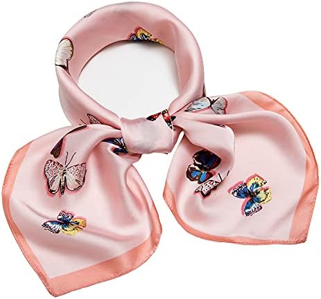 NaSoPerfect 27 inch Silk Feeling Scarf Square Satin Head Scarf Fashion Butterfly Print Neck Scarfs for Women Pink