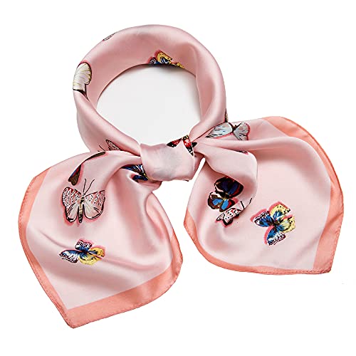 27 inch Silk Feeling Scarf Square Satin Head Scarf Fashion Butterfly Print Neck Scarfs for Women Pink