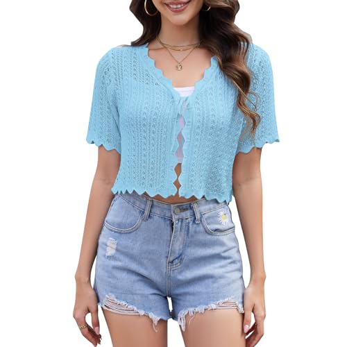 Image of Womens Lightweight Short Sleeve Cardigan Trendy Knit Hollowed-Out Y2k Cropped Tie-Front Shrugs for Dresses Pants Shorts