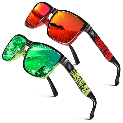 LINVO Gafas de sol polarizadas para hombres y mujeres, gafas de sol para conducir, 100% protección UV, tonos cuadrados, (Paquete de 2) Marco negro y rojo | Lente roja + marco negro y verde | Lente